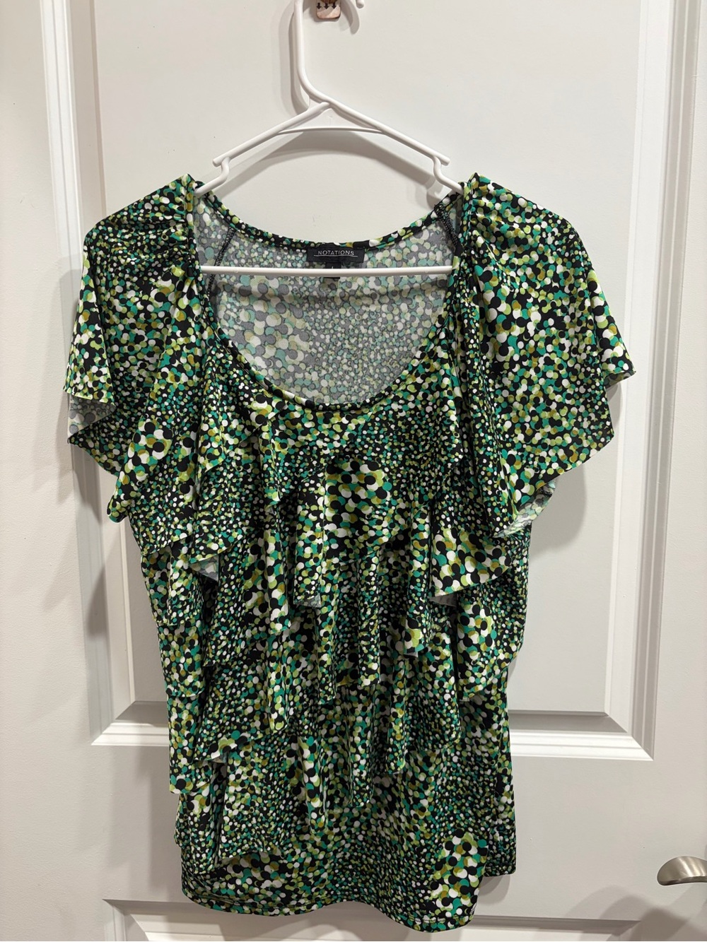 Notations Green Black Polka Dot Short Sleeve Ruffle Blouse Women’s Size Large